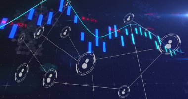 Veri işleme simgeleriyle donatılmış bir ağ görüntüsü. Küresel ödünler, hesaplama ve dijital arayüz kavramı dijital olarak oluşturuldu.
