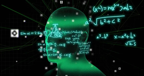 Bild Mathematischer Formeln Und Wissenschaftlicher Datenverarbeitung Über Dem Menschlichen Kopf — Stockfoto