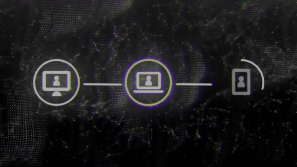 Анимация Сети Медиаиконок Над Коммуникационными Соединениями Черном Фоне Сеть Данные — стоковое видео