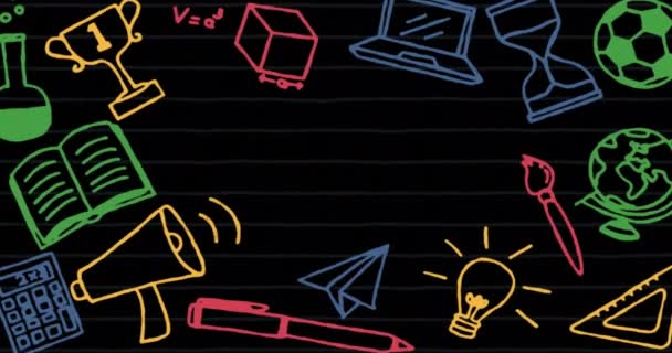 Animatie Van Kleurrijke Schooluitrusting Iconen Centrale Kopieerruimte Zwart Schoolbord Onderwijs — Stockvideo