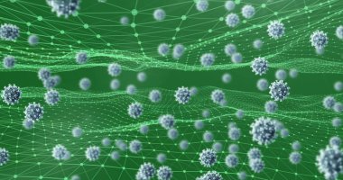 Çoklu Covid 19 hücre ve bağlantı ağıyla dijital arayüzün görüntüsü. Küresel koronavirüs salgını bilgisayar ağı teknolojisi konsepti dijital olarak oluşturulmuş görüntü.