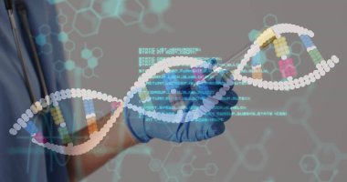 İki ırklı doktorun üzerinde test tüpüyle DNA ipliği ve veri işleme görüntüsü. Küresel tıp ve dijital arayüz kavramı dijital olarak oluşturulmuş görüntü.