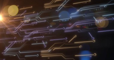 Bilgisayar devre kartı ile veri işleme ve bağlantı ağının resmi. Küresel ağlar, hesaplama, dijital arayüz ve veri işleme kavramı dijital olarak oluşturuldu.