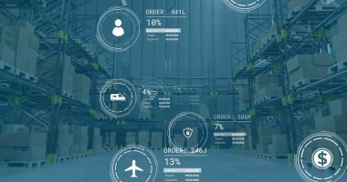 Depo üzerinde veri işleme simgeleri olan simgeler. Küresel dağıtım, gemicilik ve perakende konsepti dijital olarak oluşturuldu.