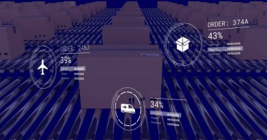 Taşıyıcı banttaki kutuların üzerinde veri işleme yapan simgelerin resmi. Küresel dağıtım, gemicilik ve perakende konsepti dijital olarak oluşturuldu.