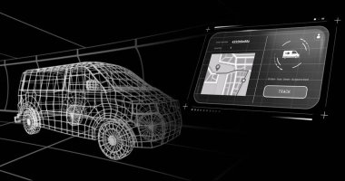 Siyah arkaplanda dijital kamyon üzerinden harita ve veri işleme ile dijital arayüzün görüntüsü. Küresel dağıtım, gemicilik ve perakende konsepti dijital olarak oluşturuldu.