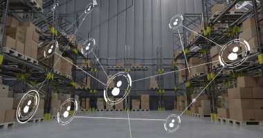 Deponun üzerinde simgelerle donatılmış bir izin ağı görüntüsü. Dijital olarak oluşturulan küresel tavizler, dağıtım ve nakliye konsepti.