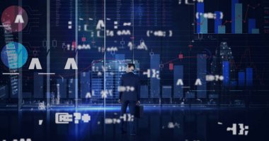 Simgeler ve veri işleme ile dijital arayüzün resmi. Dijital olarak oluşturulan küresel bilgisayar ağı teknolojisi kavramı.