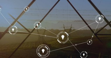 Sütunların üzerindeki simgelerle donatılmış bir ağ görüntüsü. Küresel ödünler, enerji ve dijital arayüz kavramı dijital olarak oluşturulmuş görüntü.