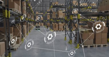 Deponun üzerinde simgelerle donatılmış bir izin ağı görüntüsü. Dijital olarak oluşturulan küresel tavizler, dağıtım ve nakliye konsepti.