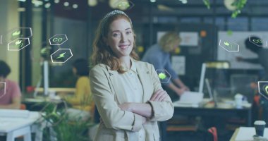 Ofisteki çeşitli iş adamları üzerinde ekoloji ikonlarının resmi. Küresel iş ve dijital arayüz kavramı dijital olarak oluşturulmuş görüntü.