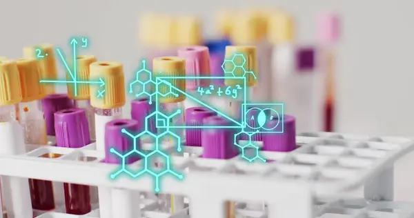 Image of chemical structures over test tubes. Global medicine and digital interface concept digitally generated image.