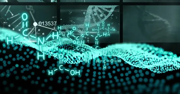 Image Dna Strands Scientific Data Processing Black Background Global Science — Stock Photo, Image