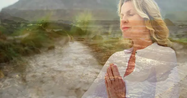 Digital Composite Caucasian Woman Meditating Beach View Shore — Stock Photo, Image