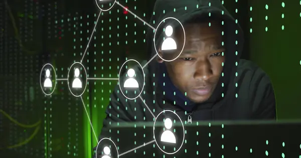 Image Icons Data Processing African American Male Hacker Using Laptop — Stock Photo, Image