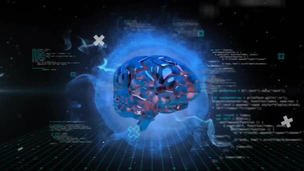 Animation Des Menschlichen Gehirns Und Der Datenverarbeitung Vor Dunklem Hintergrund — Stockvideo