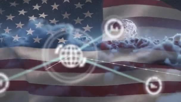 Animatie Van Wereldwijd Communicatienetwerk Hele Wereld Stormachtige Lucht Amerikaanse Vlag — Stockvideo
