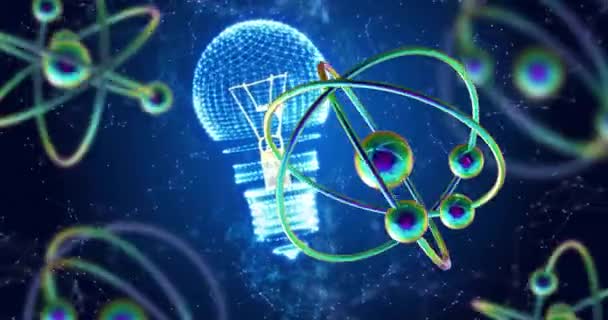 Animasi Struktur Atom Atas Bola Lampu Dan Jaringan Pada Latar — Stok Video