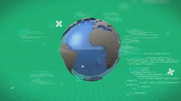 Animace Glóbu Rovinami Zpracování Dat Zeleném Pozadí Globální Věda Finance — Stock video