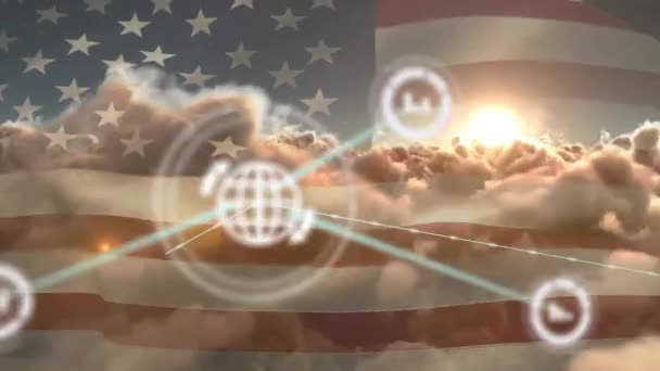 Animacja Globalnej Sieci Komunikacyjnej Nad Zachmurzonym Niebem Amerykańską Flagą Ameryka — Wideo stockowe