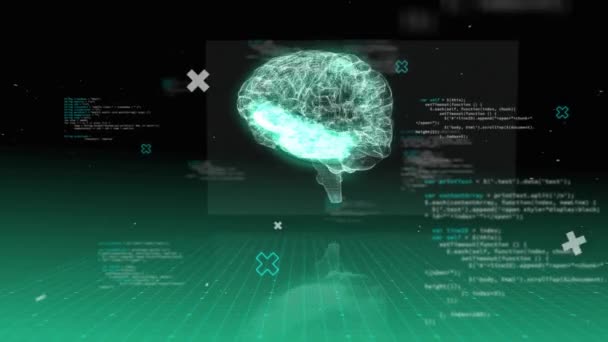 人間の脳のアニメーションと暗い背景のデータ処理 グローバルサイエンス コンピューティング データ処理コンセプトデジタル生成ビデオ — ストック動画