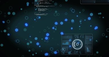 Siyah arkaplanda tarama yapan veri işleme resmi. Küresel teknoloji, bilgisayar ve dijital arayüz kavramı dijital olarak oluşturulmuş görüntü.