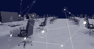 Çalışma masaları ve bilgisayarlarla ofis içi simgeleriyle kurulmuş bir imtiyaz ağı resmi. Küresel ödünler, enerji ve dijital arayüz kavramı dijital olarak oluşturulmuş görüntü.