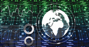 Devre kartı ve kürede bağlantı ve veri işleme görüntüsü. Dijital arayüz, bulut hesaplama ve veri işleme kavramı dijital olarak oluşturuldu.