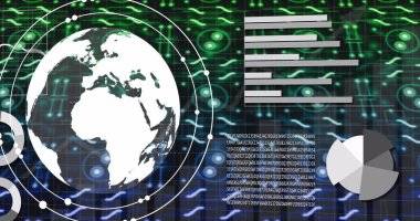 Devre kartı ve kürede bağlantı ve veri işleme görüntüsü. Dijital arayüz, bulut hesaplama ve veri işleme kavramı dijital olarak oluşturuldu.