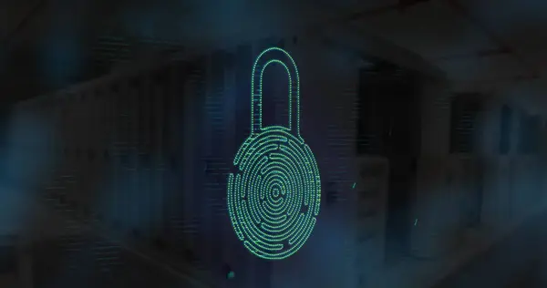 Image of digital interface with online security biometric padlock icon and data processing. Global computer network technology concept digitally generated image.