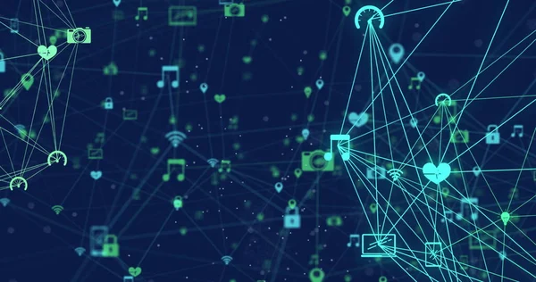 A digital network of icons representing connectivity and data exchange. The abstract representation suggests a complex and interconnected digital ecosystem, emphasizing the importance of cybersecurity and information technology.