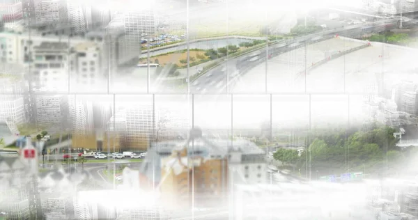 Digitale Samenstelling Van Wolkenkrabbers Snelwegen Met Snelle Auto — Stockfoto