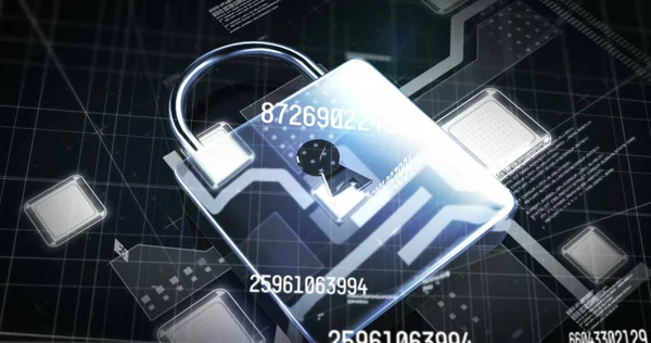 Image of numbers changing with online security padlock over data processing on grid. global networking technology concept digitally generated image.
