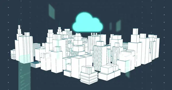 Image of cloud, connections and data processing over city. Global digital interface, cloud computing and data processing concept digitally generated image.
