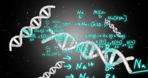 Image Dna Strands Mathematical Formulae Scientific Data Processing Grey Background — Stock Photo, Image