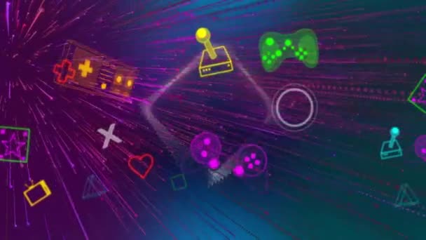 Animación Coloridos Controladores Iconos Videojuegos Sobre Haces Luz Púrpura Interfaz — Vídeos de Stock