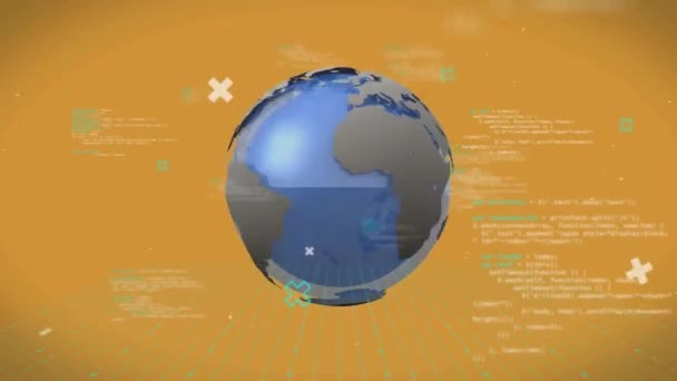 Animace Glóbu Rovinami Zpracování Dat Žlutém Pozadí Globální Věda Finance — Stock video