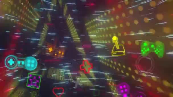 Animação Controladores Gamepad Vídeo Coloridos Ícones Sobre Túnel Luz Amarela — Vídeo de Stock