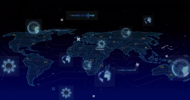 Animação Ícones Processamento Dados Sobre Mapa Mundo Conceito Finanças Globais — Vídeo de Stock