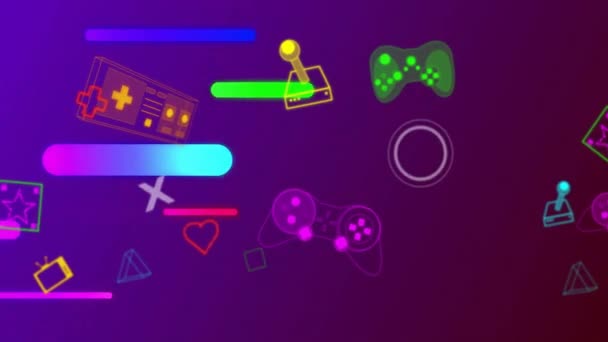 Animación Formas Cápsula Colores Sobre Controladores Videojuegos Iconos Púrpura Interfaz — Vídeos de Stock