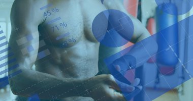 Erkek boksörle erkek boksör üzerinde istatistik tarama ve veri işleme yapan dijital arayüz görüntüsü. Dijital olarak oluşturulan küresel bilgisayar ağı teknolojisi kavramı.