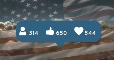 ABD bayrağı üzerinde konuşma baloncukları olan sosyal medya simgeleri. küresel sosyal medya ve iletişim konsepti dijital olarak oluşturulmuş görüntü.