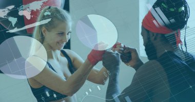 Dijital arayüzün görüntüsü istatistik taraması ve kadın boksörle erkek antrenör boksörünün veri işlemesi. Dijital olarak oluşturulan küresel bilgisayar ağı teknolojisi kavramı.