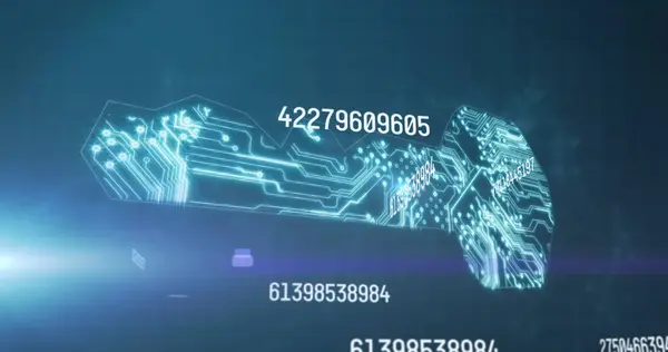 Image of numbers processing over glowing computer circuit board on blue background. global networking technology concept digitally generated image.