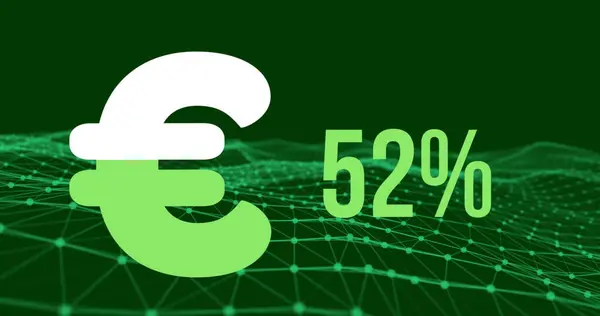 Image of Euro currency sign and percent going up to 100% with network of connections and data processing on green background. Global economy network technology concept digitally generated image.