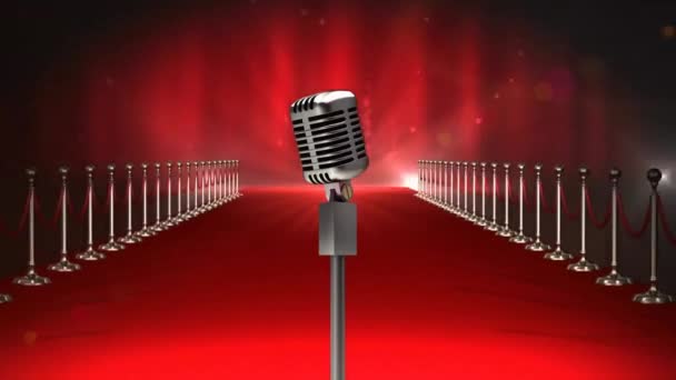 Animazione Microfono Retrò Tra Barriere Folla Luci Lampeggianti Sfondo Rosso — Video Stock