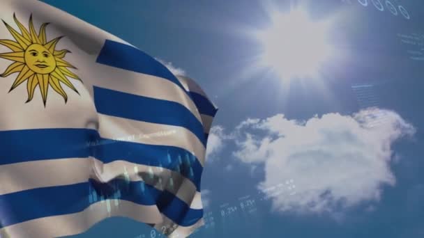 Animacja Przetwarzania Danych Finansowych Nad Banderą Urugwajską Globalne Finanse Biznes — Wideo stockowe