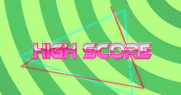 Animation Von Highscore Text Über Neon Dreiecken Und Musterhintergrund Globales — Stockvideo
