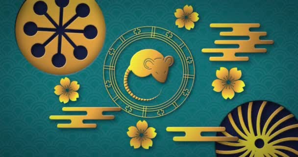 Animace Krysího Symbolu Kruhu Čínským Vzorem Modrém Pozadí Čínský Nový — Stock video