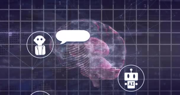 Animáció Chat Bot Ikonok Adatfeldolgozás Sötét Háttérrel Globális Mesterséges Intelligencia — Stock videók